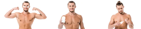 Коллаж улыбающийся сексуальный мужчина без рубашки с дезодорантом изолирован на белом, баннер — стоковое фото