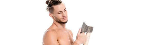 Sexy shirtless man posing with ax isolated on white, banner — Stock Photo