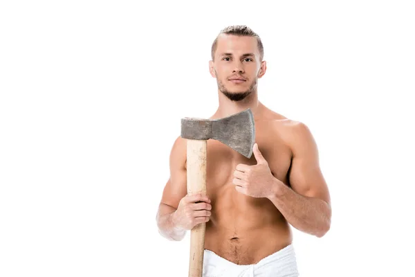 Sexy shirtless man in towel posing with ax isolated on white — Stock Photo