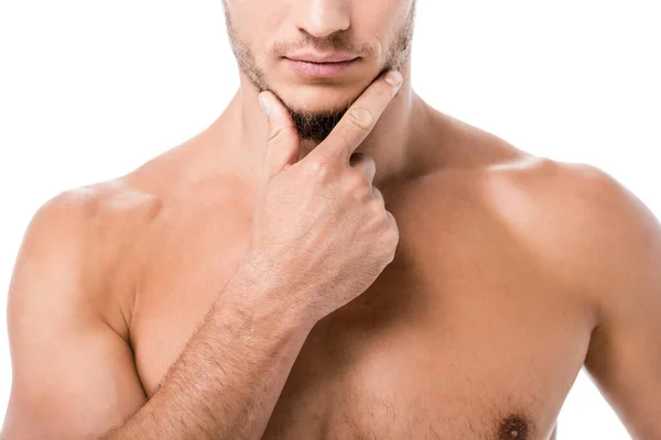 Cropped view of pensive sexy shirtless man posing isolated on white — Stock Photo