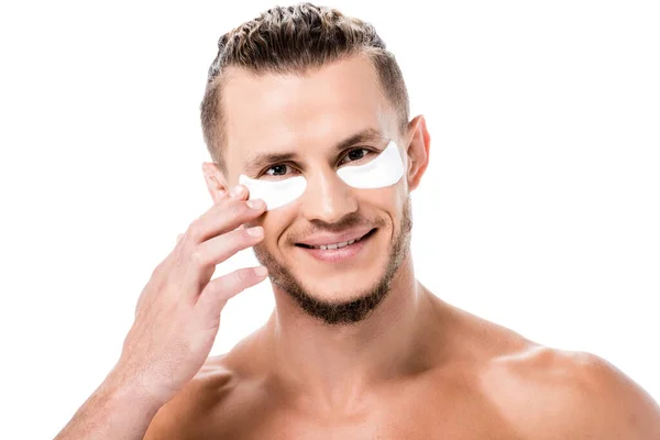 Sourire sexy torse nu yeux patchs homme sur le visage isolé sur blanc — Photo de stock