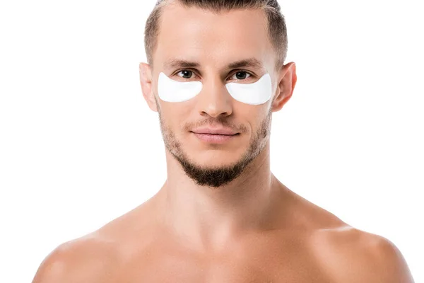 Parches de ojos de hombre sin camisa sexy en la cara aislada en blanco - foto de stock