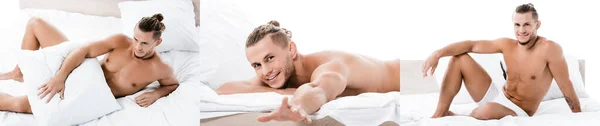 Collage of sexy shirtless man posing in bed isolated on white, banner — Stock Photo
