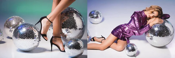 Colagem de mulher elegante em vestido de lantejoulas com bola de discoteca e pernas femininas, bandeira — Fotografia de Stock