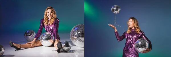 Collage of elegant woman in sequin dress posing on floor with disco balls, banner — Stock Photo