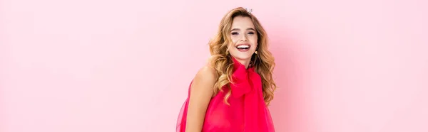 Elegant happy woman on pink background, banner — Stock Photo