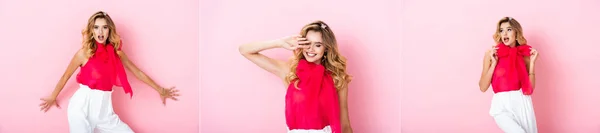 Коллаж элегантной счастливой и удивленной женщины на розовом фоне, баннер — стоковое фото