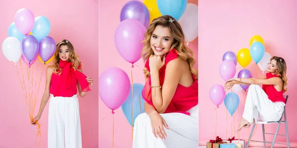Collage of elegant happy woman in crown with balloons on pink background — Stock Photo
