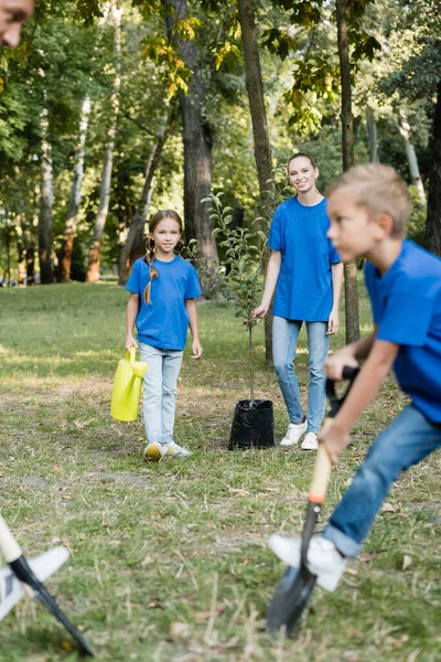 Donna con giovane albero e figlia con irrigazione può vicino ragazzo scavare terreno con pala in primo piano sfocato, concetto di ecologia — Foto stock