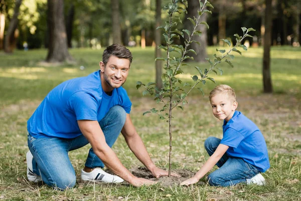 Sorrindo pai e filho olhando para a câmera ao plantar árvore jovem na floresta, conceito de ecologia — Fotografia de Stock