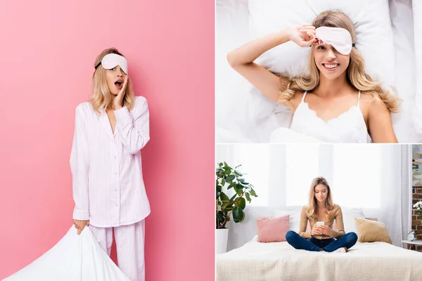 Collage of excited woman holding pillow on pink background and using smartphone on bed at home — Stock Photo