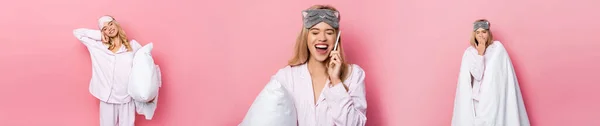 Collage of woman in pajamas and blindfold talking on smartphone, yawning and holding pillow on pink background, banner — Stock Photo