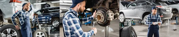 Collage of mechanic repairing wheel hub, using digital tablet, and resting while leaning on wheel, banner — Stock Photo