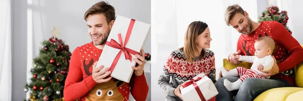 Collage de mujer y hombre feliz sosteniendo presente y padres alegres sonriendo cerca de bebé niño en Navidad - foto de stock