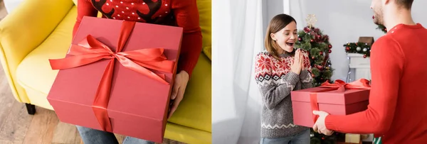 Collage of pleased man in red sweater holding wrapped christmas present near excited wife — Stock Photo