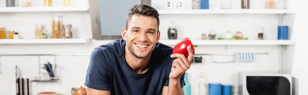 Cheerful man looking at camera while holding bell pepper, banner - foto de stock