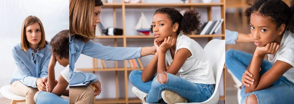 Collage of psychologist looking at camera and caring about upset african american girl during consultation, banner — Stock Photo