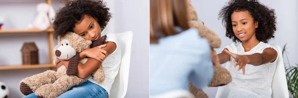 Collage of african american girl taking and hugging teddy bear during consultation with psychologist, banner — Stock Photo
