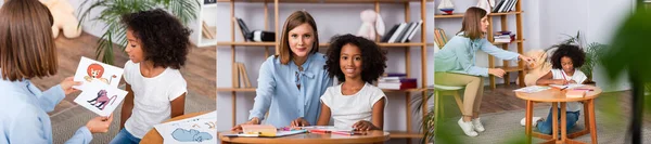 Collage of psychologist showing pictures, looking at camera and pointing with finger at album near african american girl, banner — Stock Photo