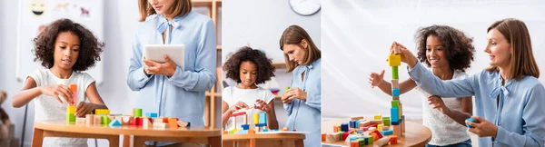 Collage de psicólogo con tableta digital mirando y ayudando a la torre de construcción de niñas afroamericanas con bloques de madera en la oficina, pancarta - foto de stock