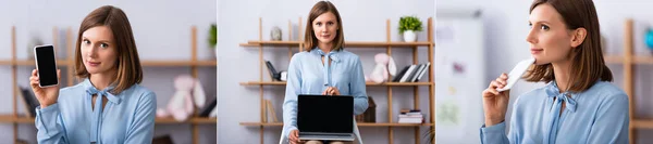 Collage of positive psychologist showing devices and thinking while holding smartphone on blurred background, banner — Stock Photo