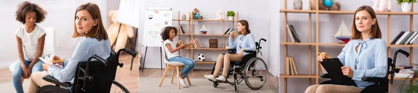 Collage de psicólogos asesorando a una chica afroamericana y mirando a la cámara mientras está sentada en silla de ruedas, pancarta - foto de stock
