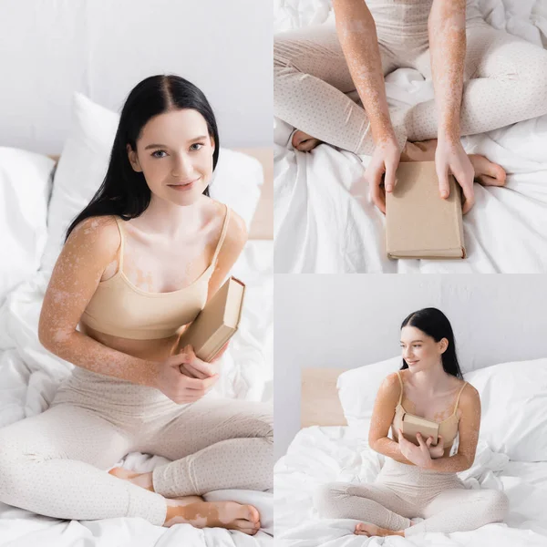 Collage of happy woman with vitiligo holding book in bed — Stock Photo