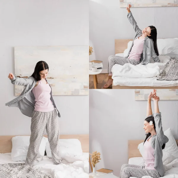 Collage von Frau mit Vitiligo Stretching im Schlafzimmer — Stockfoto