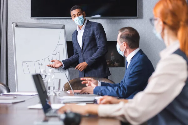 Hombre de negocios afroamericano en máscara médica mirando a sus colegas mientras señala con la mano en el gráfico en primer plano borroso - foto de stock