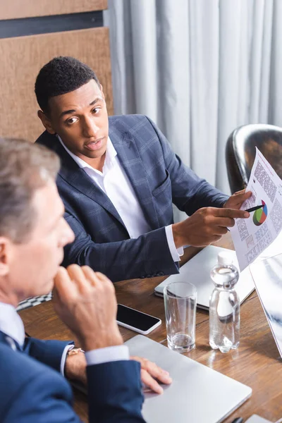 Afrikanischer Geschäftsmann zeigt mit Stift auf Graph auf Papier, während er verschwommenes Führungsdenken im Vordergrund betrachtet — Stockfoto