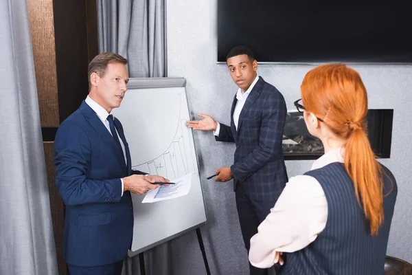 Vista trasera del ejecutivo pelirrojo parado cerca de colegas multiculturales haciendo gestos cerca de flipchart en la sala de reuniones - foto de stock