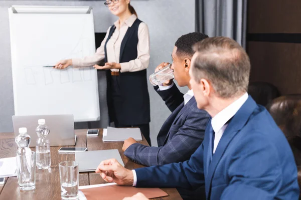 Multicultural businesspeople sitting at workplace with blurred businesswoman standing near flipchart on background — Stock Photo