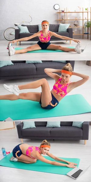 Collage de jeune sportive blonde étirant et s'exerçant sur tapis de fitness à la maison — Photo de stock