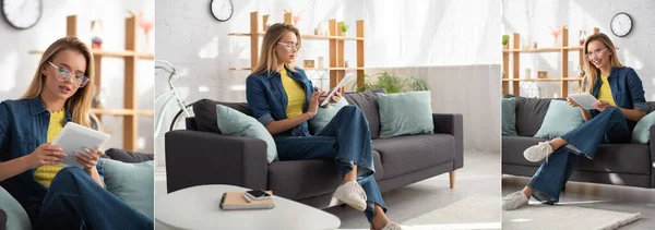 Collage of young blonde woman in eyeglasses using digital tablet while sitting on couch at home, banner — Stock Photo