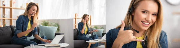 Collage de mujer alegre en auriculares riendo, hablando mientras está sentado cerca de la computadora portátil y mostrando el gesto de llamada en el fondo borroso, pancarta - foto de stock