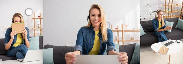 Collage de mujer joven sonriente mirando a la cámara, cubriendo la cara con un cuaderno y sentado en el sofá cerca de la computadora portátil, pancarta - foto de stock