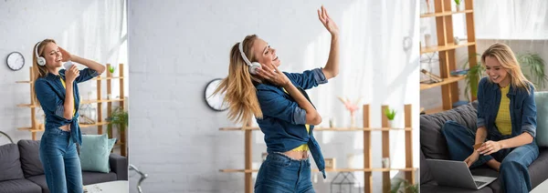 Collage de mujer rubia feliz en auriculares bailando y cantando, con tarjeta de crédito y mirando a la computadora portátil en casa, pancarta - foto de stock