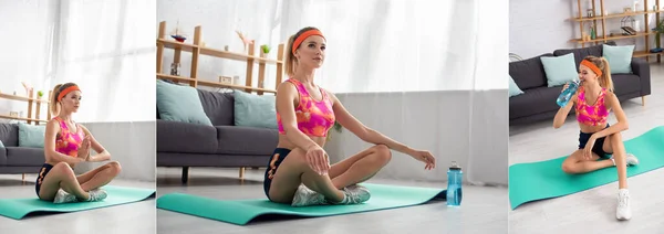 Collage de jeune sportive aux jambes croisées assise sur tapis de fitness et eau potable sur fond flou, bannière — Photo de stock