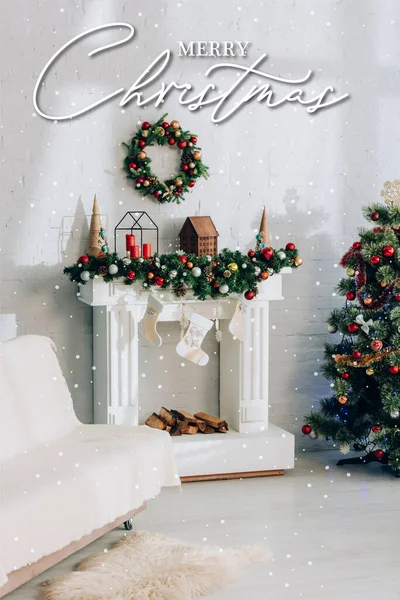 Fireplace with stockings and merry christmas lettering in decorated apartment — Stock Photo