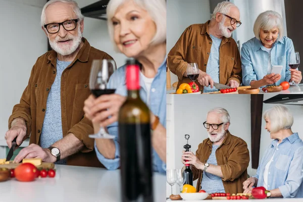 Collage of smiling elderly couple cooking dinner, looking at smartphone and husband opening bottle of wine in kitchen — Stock Photo