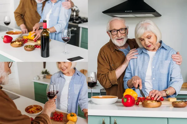 Collage of smiling elderly husband cooking dinner, hugging wife and toasting with wine glass in kitchen — Stock Photo