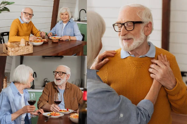 Collage de heureux couples âgés dansant, riant et regardant la caméra tout en étant assis à table avec un dîner végétarien dans la cuisine — Photo de stock