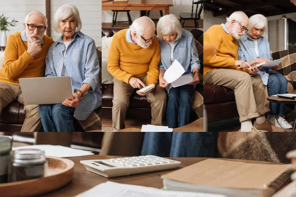 Collage di coppia anziana che calcola guardando le bollette sul divano, utilizzando il computer portatile e seduto vicino alla calcolatrice bianca sul tavolo a casa — Foto stock
