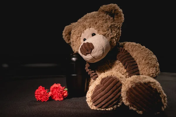 Carnation, teddy bear and urn with ashes on black background, funeral concept — Stock Photo