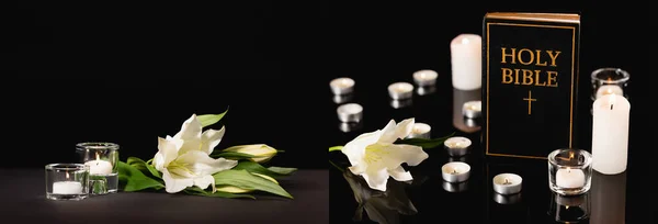 Lily, candles and holy bible on black background, funeral concept, banner — Stock Photo