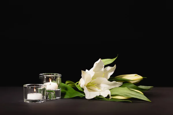 Lírio, velas no fundo preto, conceito funeral — Fotografia de Stock