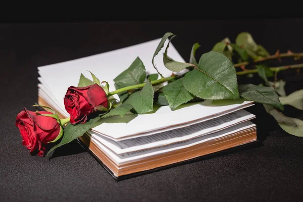 Rote Rosen auf heiliger Bibel auf schwarzem Hintergrund, Bestattungskonzept — Stockfoto