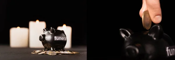 Cropped view of man putting coin in piggy bank on black background, funeral concept, collage — Stock Photo