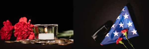 Collage of red carnations, candle and coins, american flag with ashes on black background, funeral concept, banner — Stock Photo