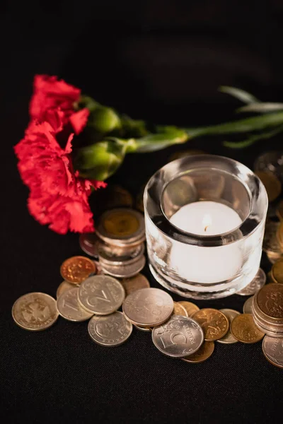 Cravos vermelhos, vela e moedas em fundo preto, conceito funeral — Fotografia de Stock